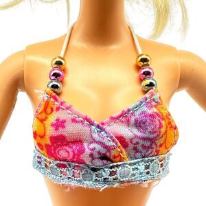 Barbie Doll Teresa Beach Party Blue Floral Swimsuit Bikini Top with Beads 2008
